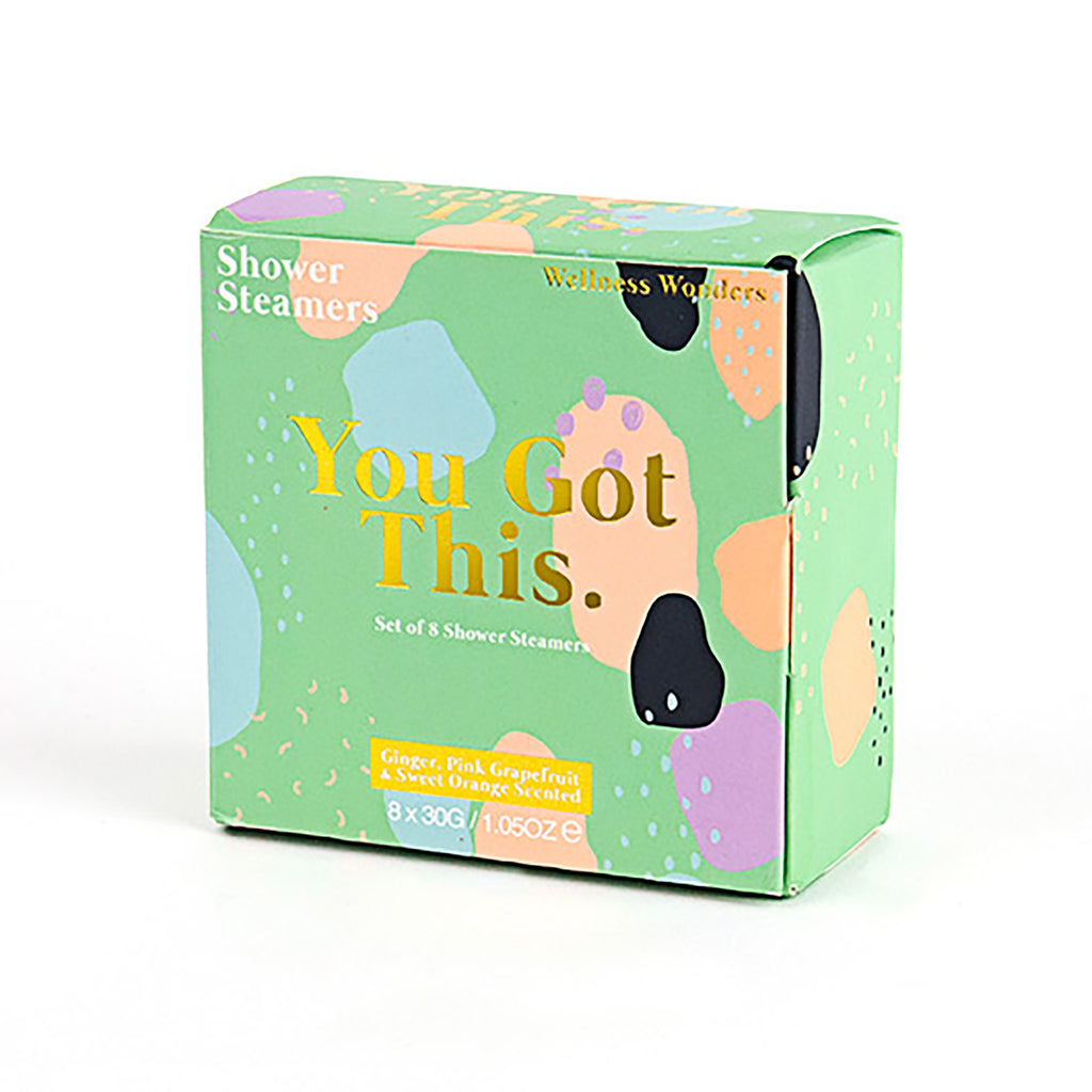gift republic shower steamers in green box with blobs of black, orange, purple and blue with "you got this" in gold foil on the front