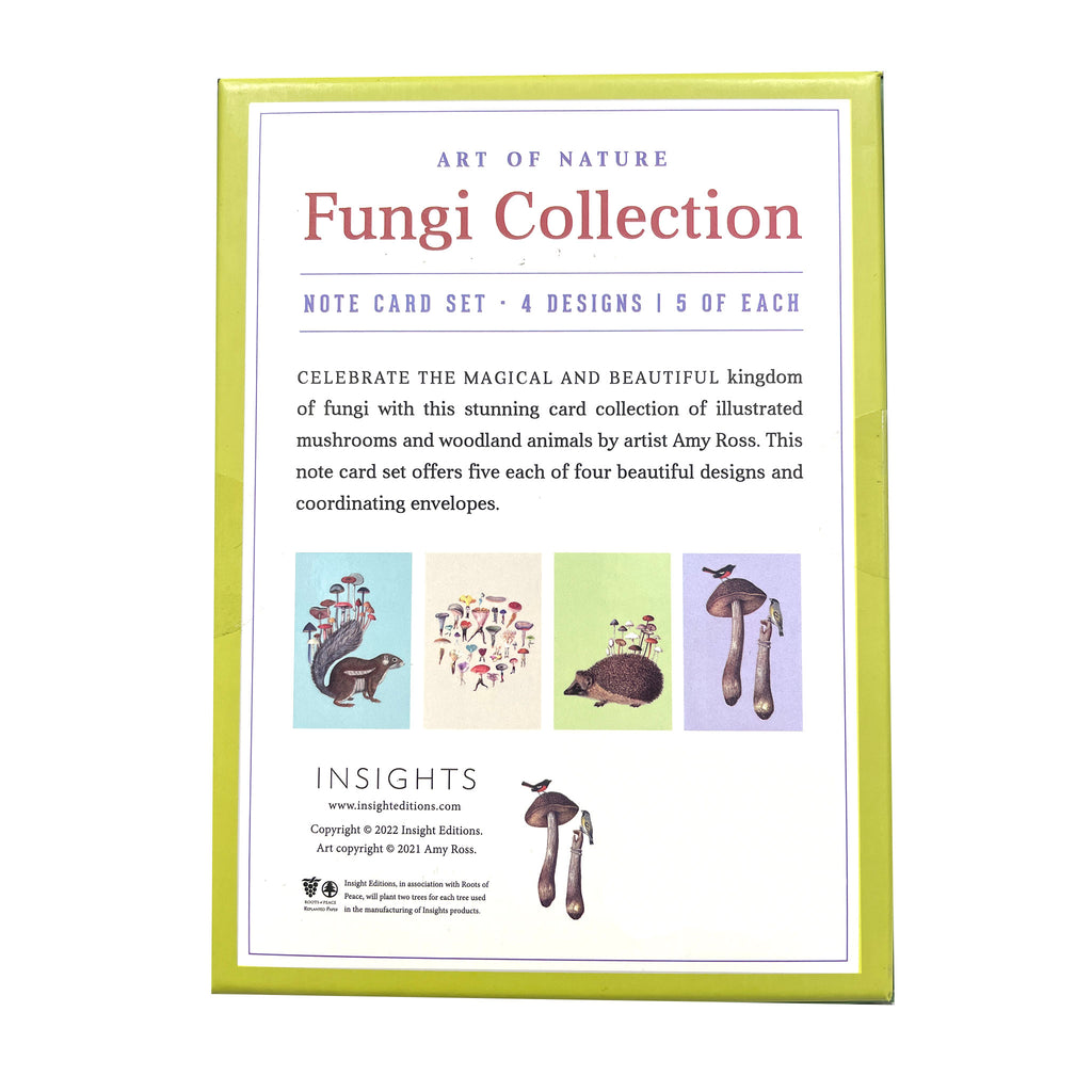 Simon & Schuster Art of Nature: Fungi Collection blank note card set in green box, back view showing all 4 card designs included.