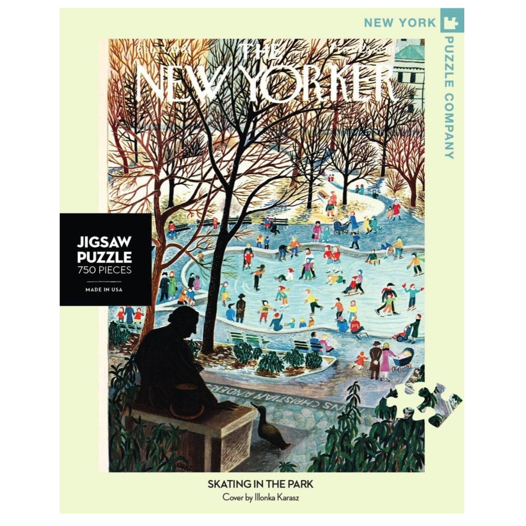 new yorker cover jigsaw puzzle with illustration of ice skaters in a park