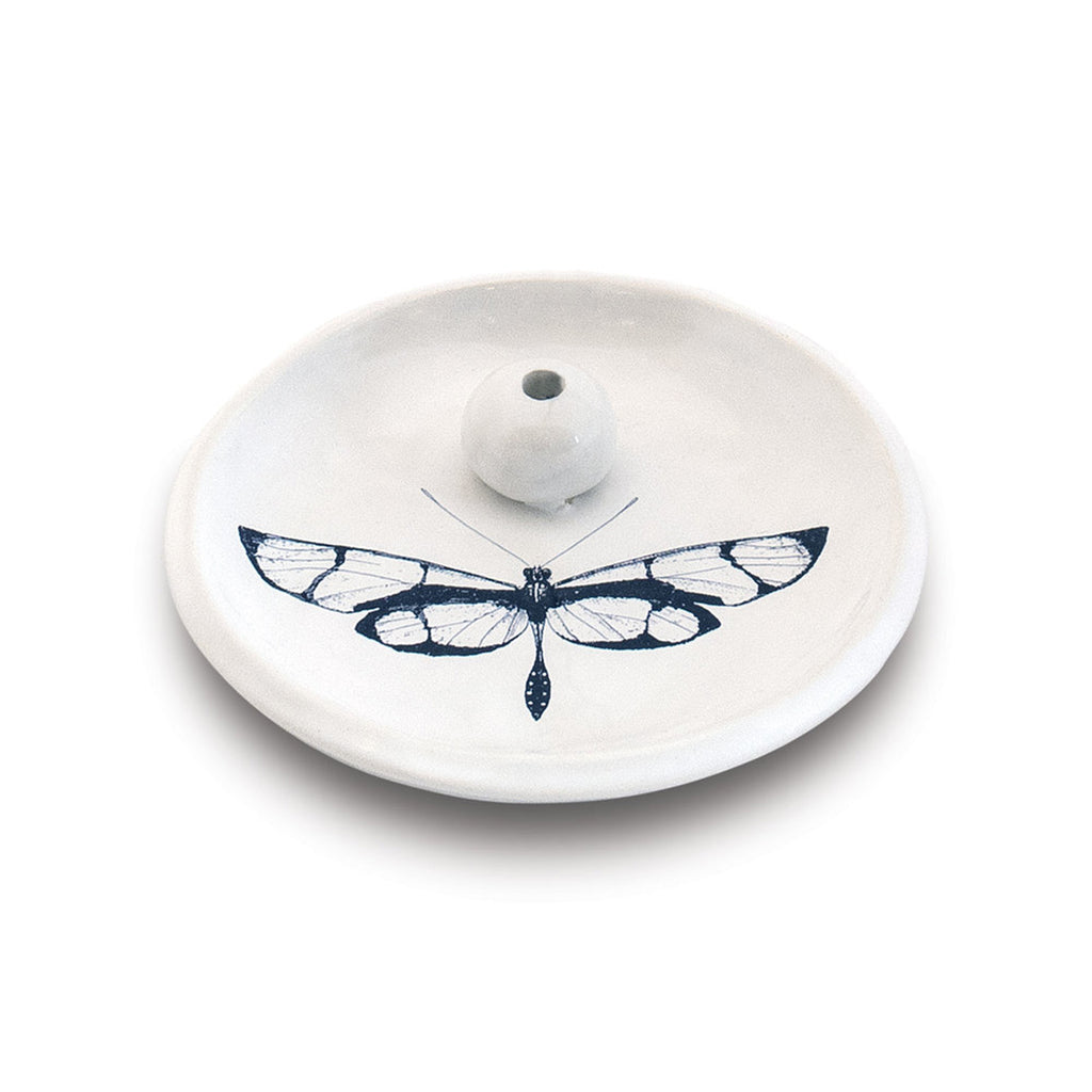 skeem citronella incense burner white earthenware dish with moth illustration in black and a ball with hole to put incense sticks in