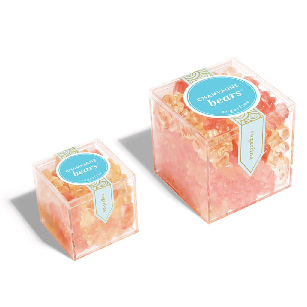 Sugarfina Champagne Bears Large and Small Candy Cubes for size comparison, front angle view.