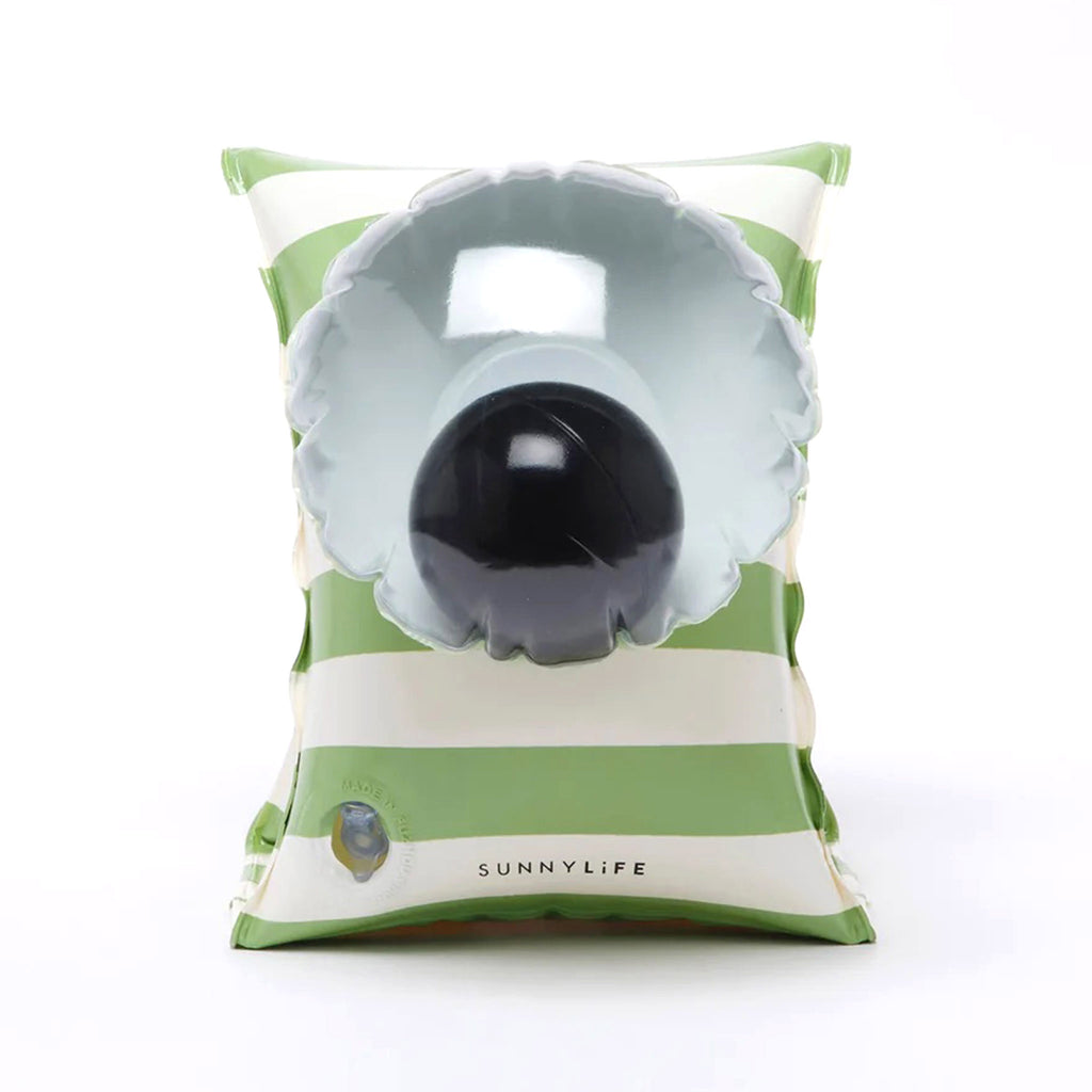 Sunnylife Shark Tribe Inflatable Buddy Float Bands, single green & white striped arm band with a 3D googly eye on a white background.