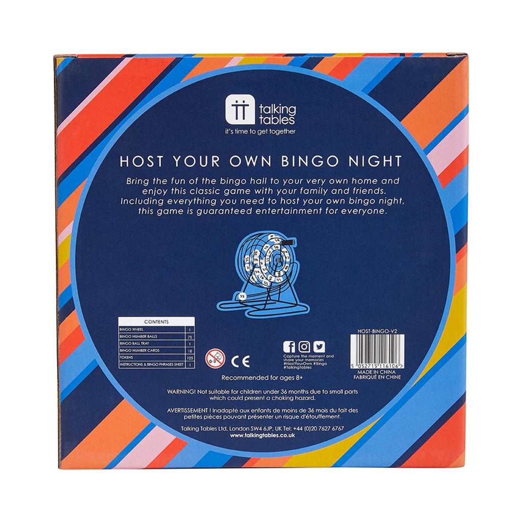 Host your own bingo night back of box with colorful stripes, an illustration of the bingo wheel and product description and information.