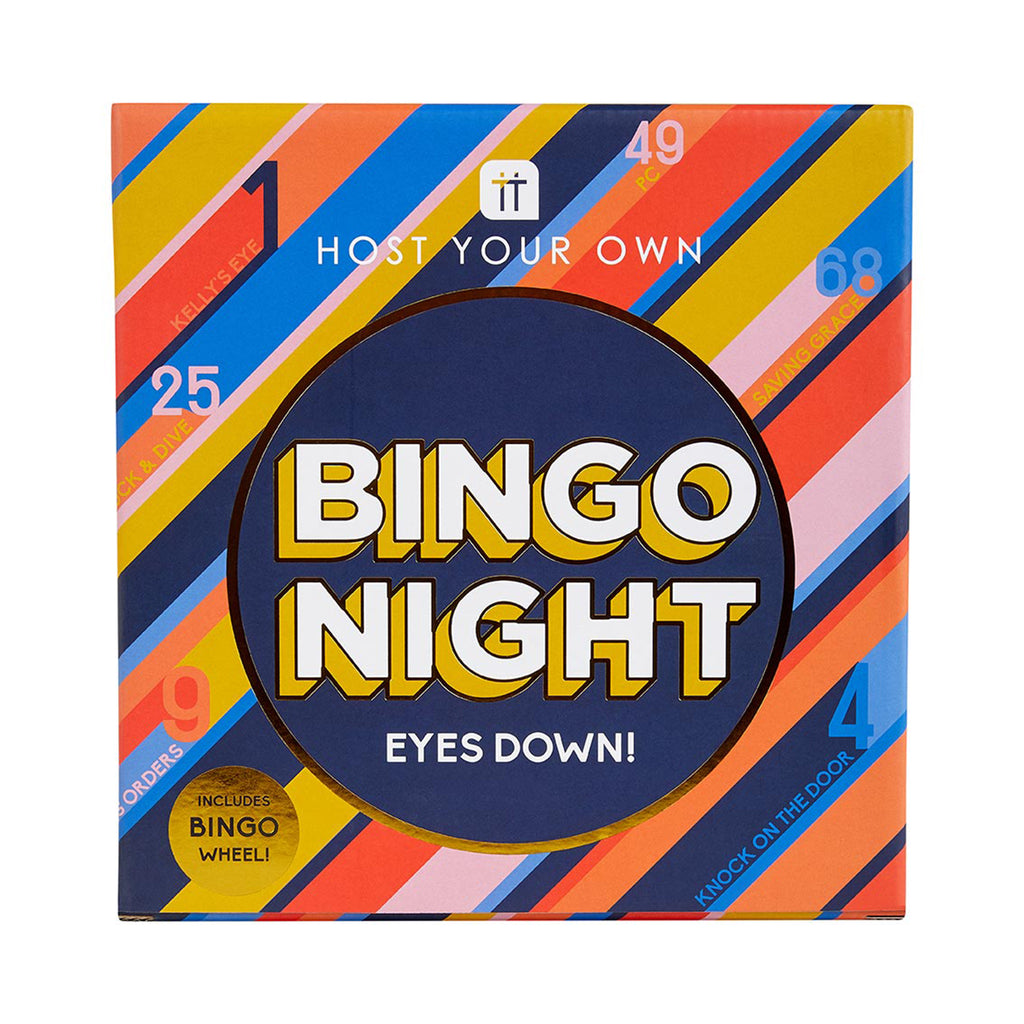 Host your own bingo night front of box with colorful stripes and numbers.