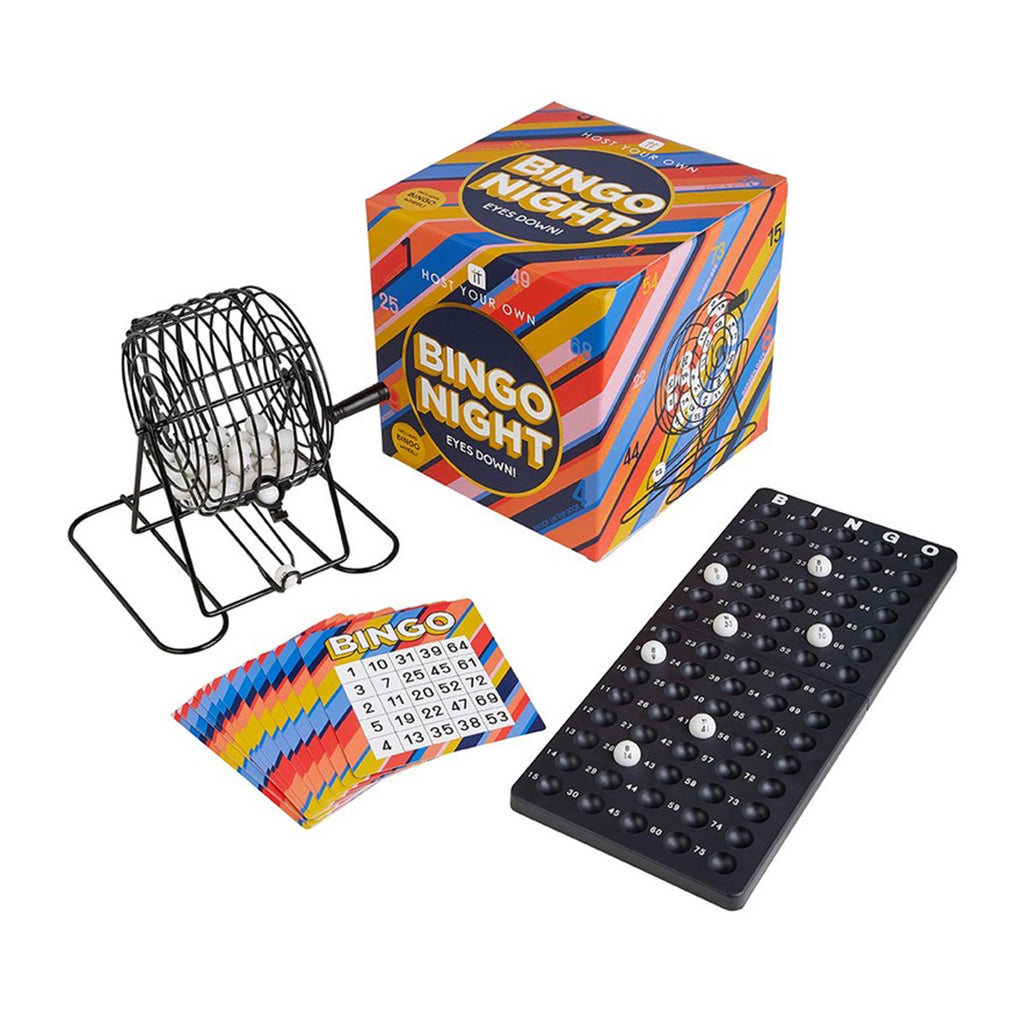 Host your own bingo night box packaging with colorful stripes along with a black metal wheel with numbered balls, number cards and a ball collection tray.