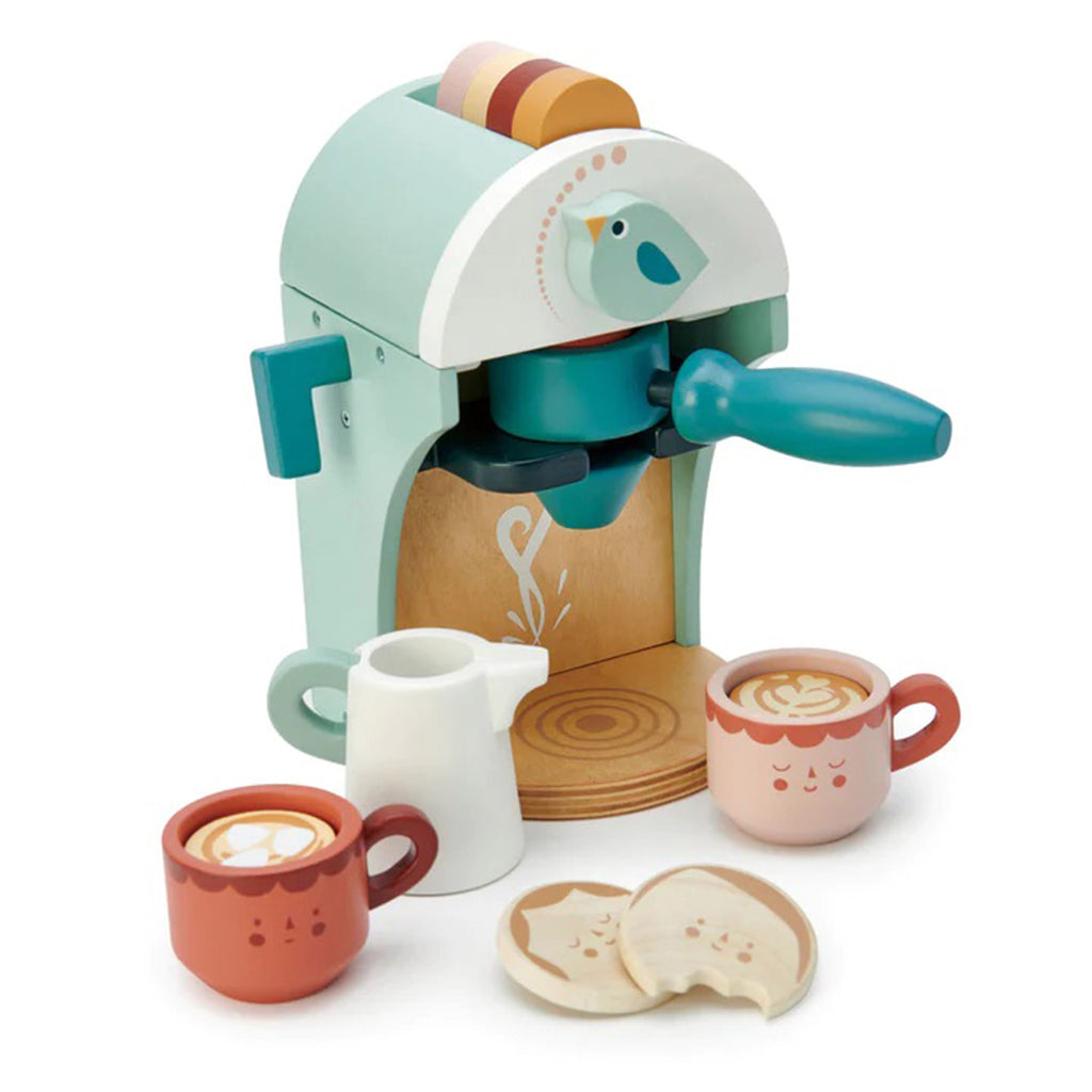 Tender Leaf Toys Wooden Babyccino Maker kids toy that looks like a cappuccino machine.