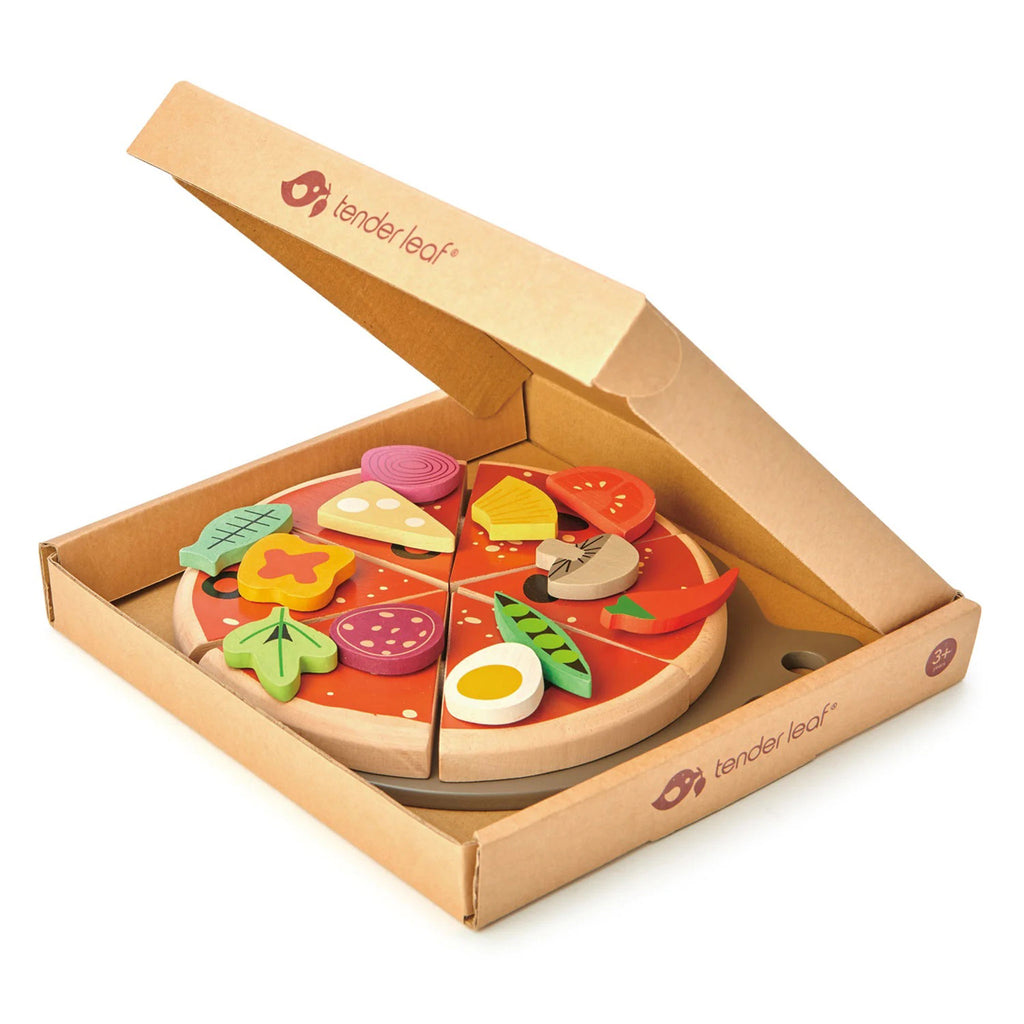 Wood pizza party play set in cardboard pizza box style packaging, lid open.