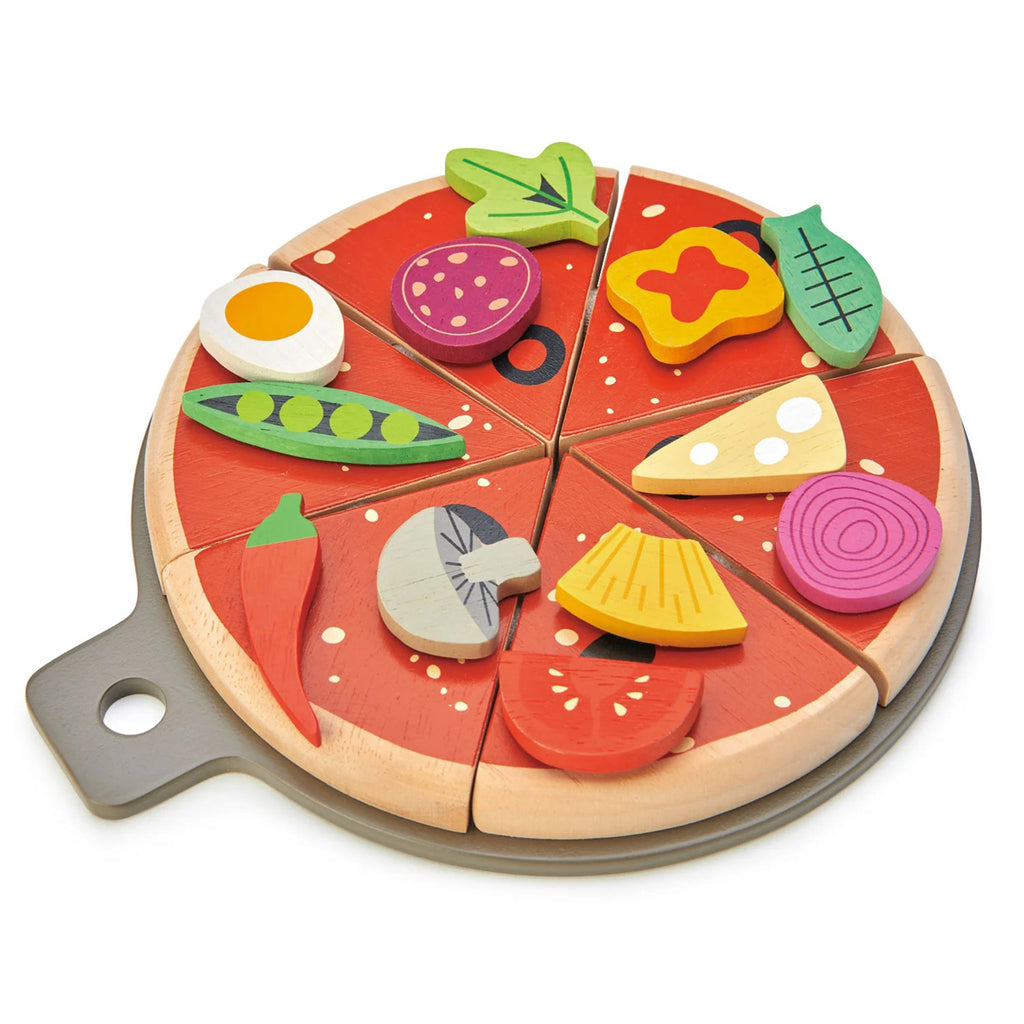 Wood pizza party play set on tray with handle with assorted wood toppings. 
