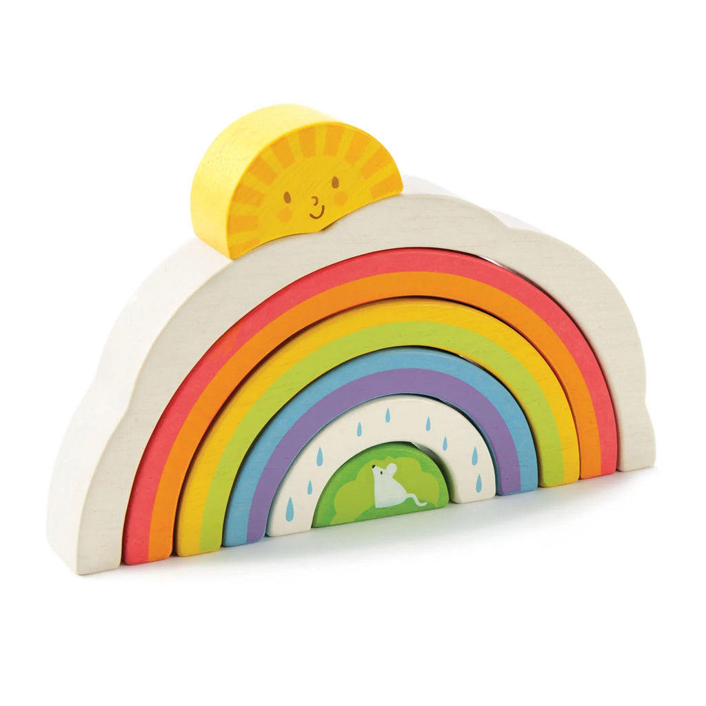 Wooden rainbow tunnel pieces stacked together with a sun on top.