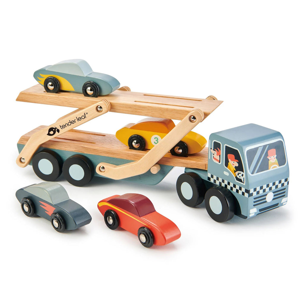 Wooden car transporter truck with 4 wooden sports cars, 2 are on the truck.