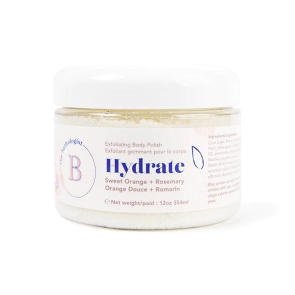 The Bathologist Hydrate Sweet Orange and Rosemary scented exfoliating body polish in tub container with white lid.