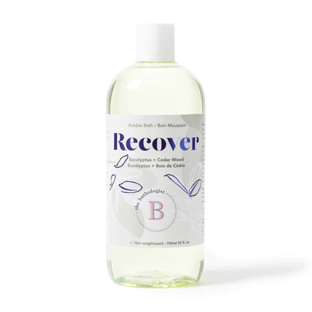 The Bathologist Recover Eucalyptus and Cedar Wood Scented Bubble Bath in plastic bottle with white cap.