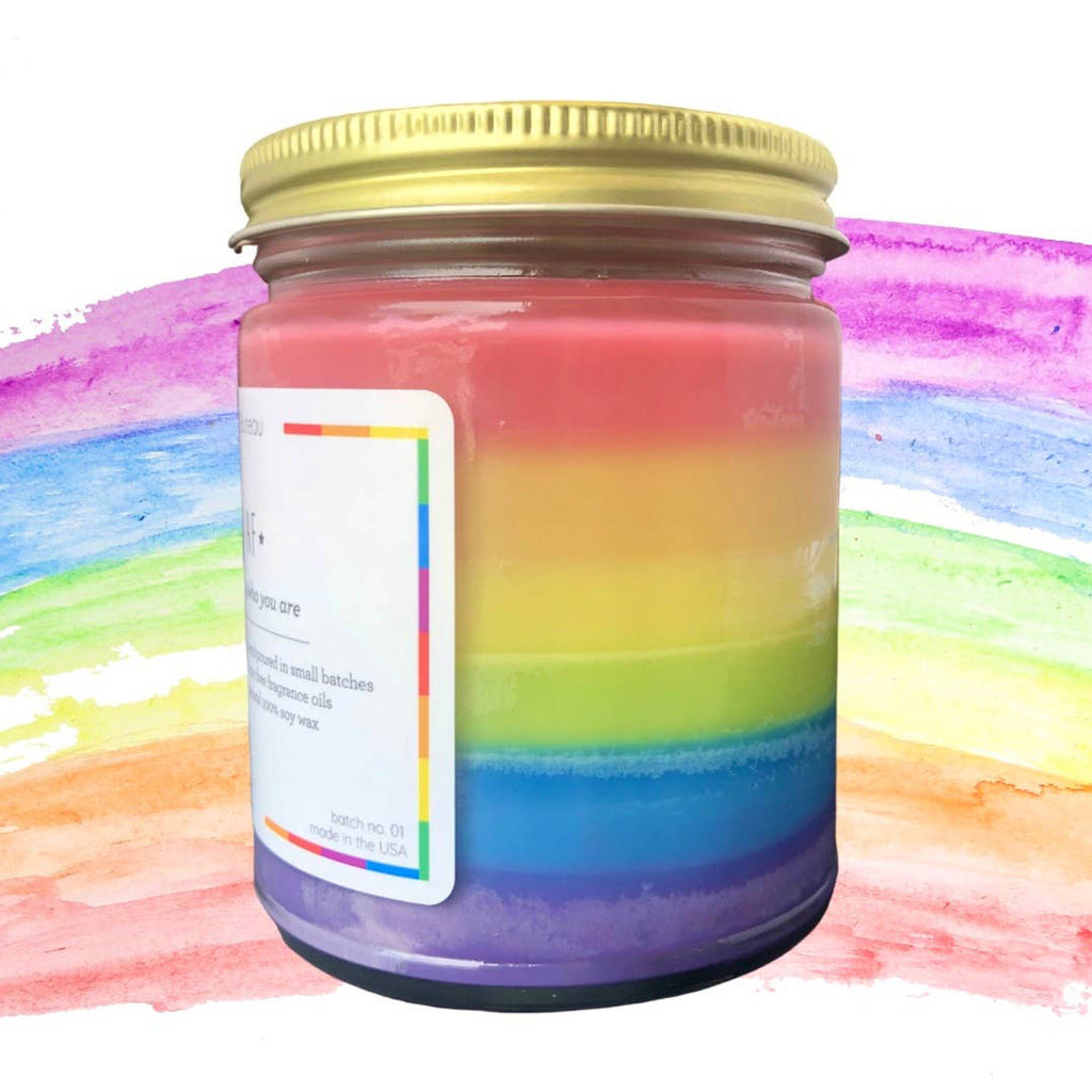 the card bureau proud af pride 8 ounce fruit loops scented colorful soy wax candle in glass jar with lid side view