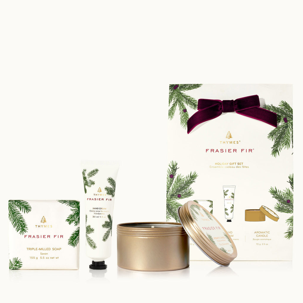 thymes frasier fir scented novelty holiday christmas gift set with bar soap, petite hand cream and travel tin candle