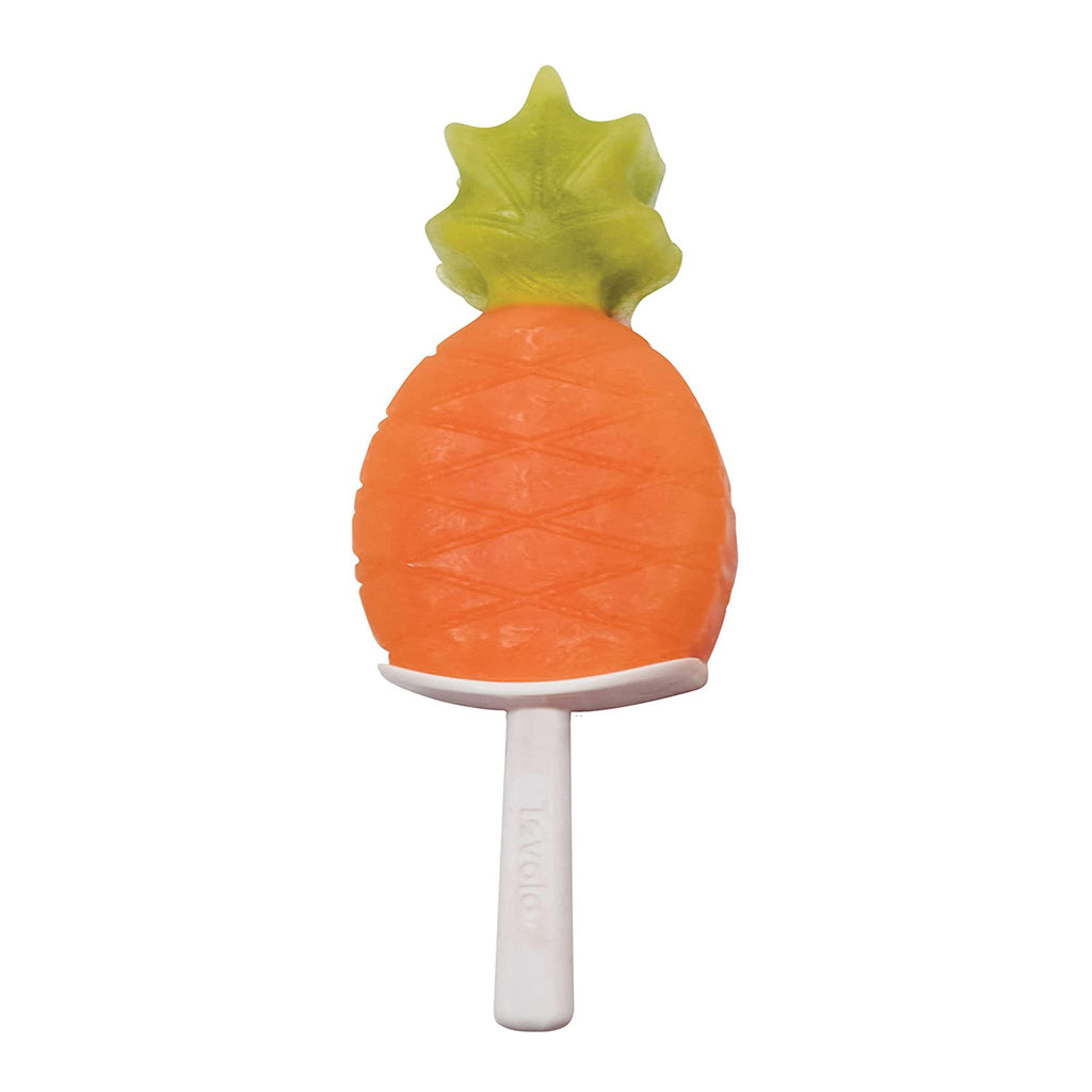 green and orange frozen ice pop in the shape of a pineapple with a white stick and base with drip guard