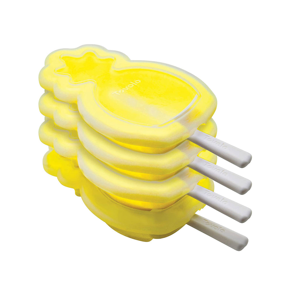 tovolo pineapple shaped yellow silicone ice pop molds with clear lids and white sticks set of 4 stacked 
