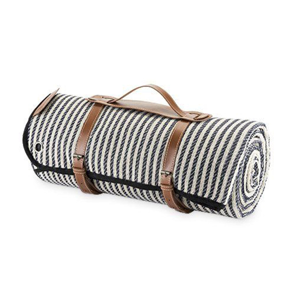 twine seaside striped picnic blanket with carrier stakes rolled up