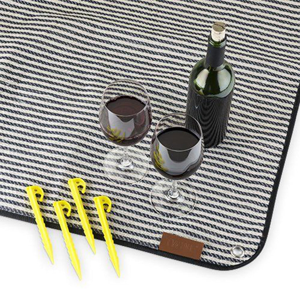 twine seaside striped picnic blanket with carrier stakes and a bottle of wine