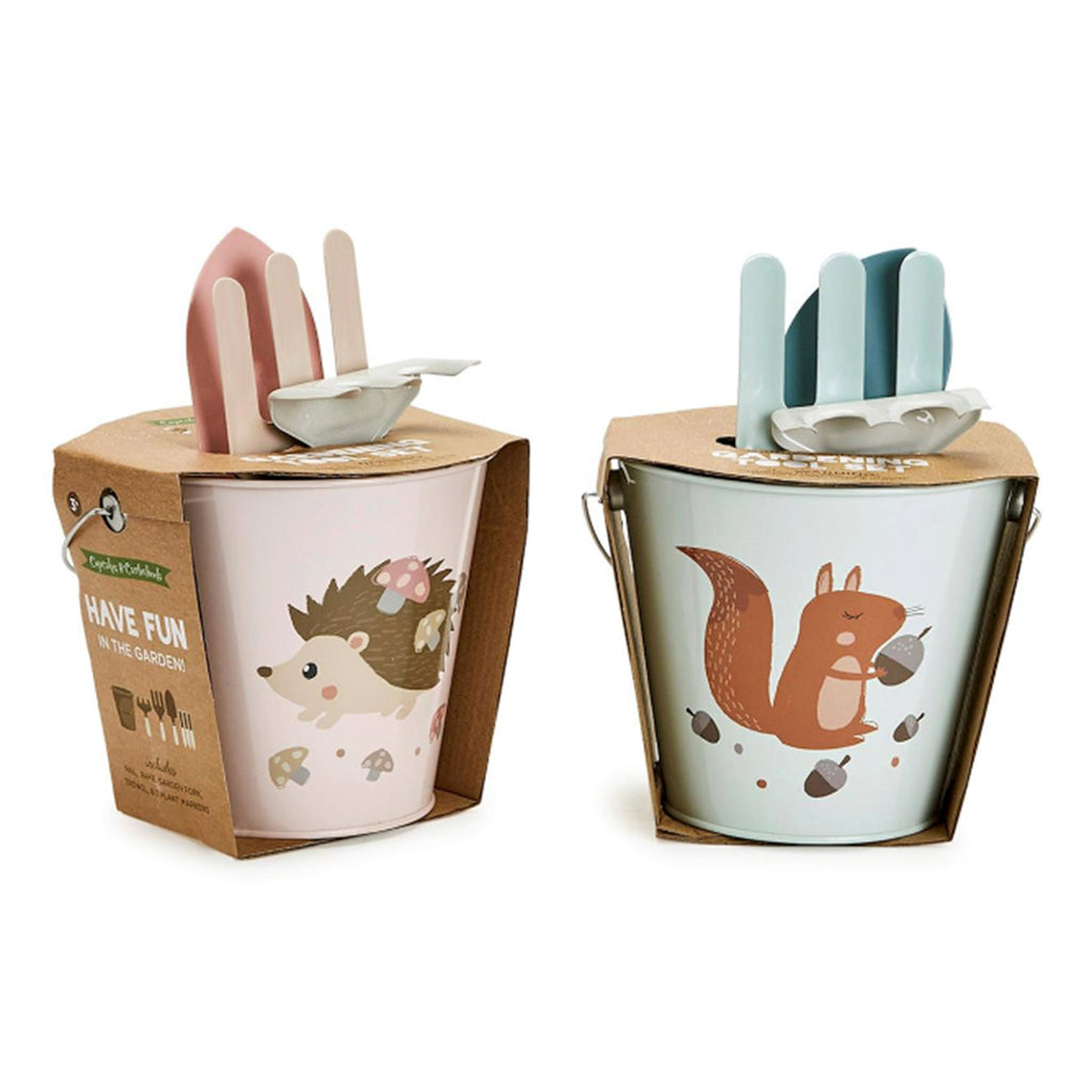 garden critters gardening tool set in pink pail with hedgehog or blue pail with squirrel with matching pink or blue trowel, rake and shovel with paper bellyband