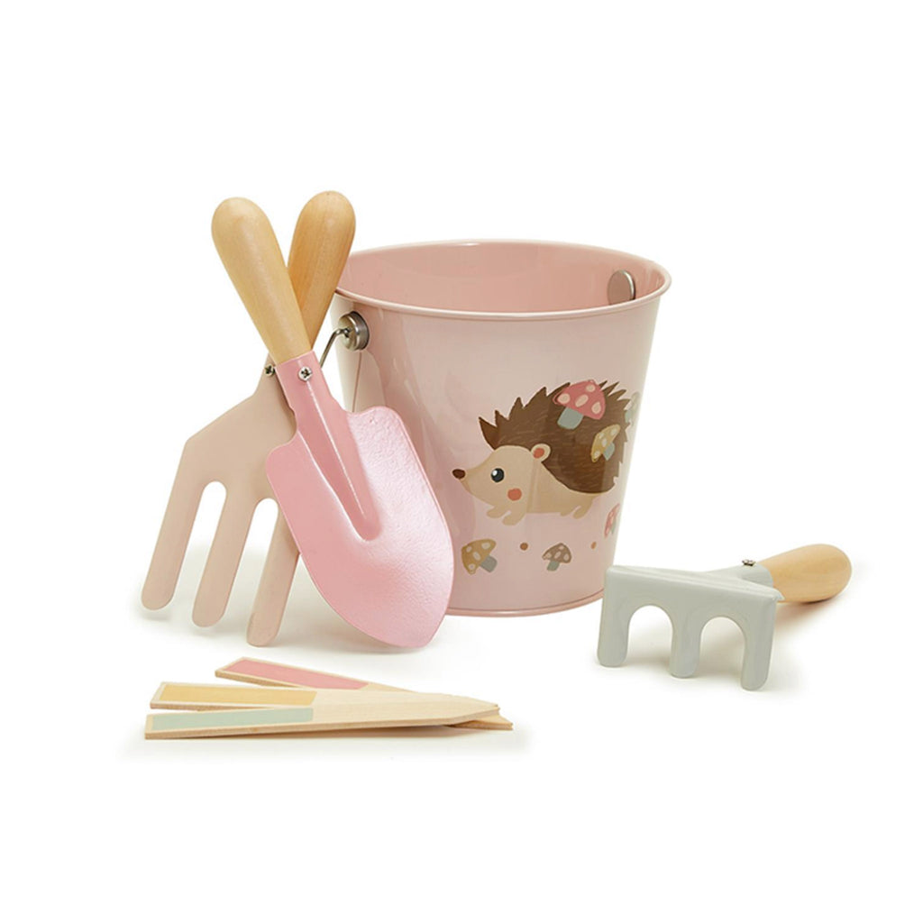 garden critters gardening tool set pink pail with hedgehog and matching pink trowel, rake, shovel and plant markers