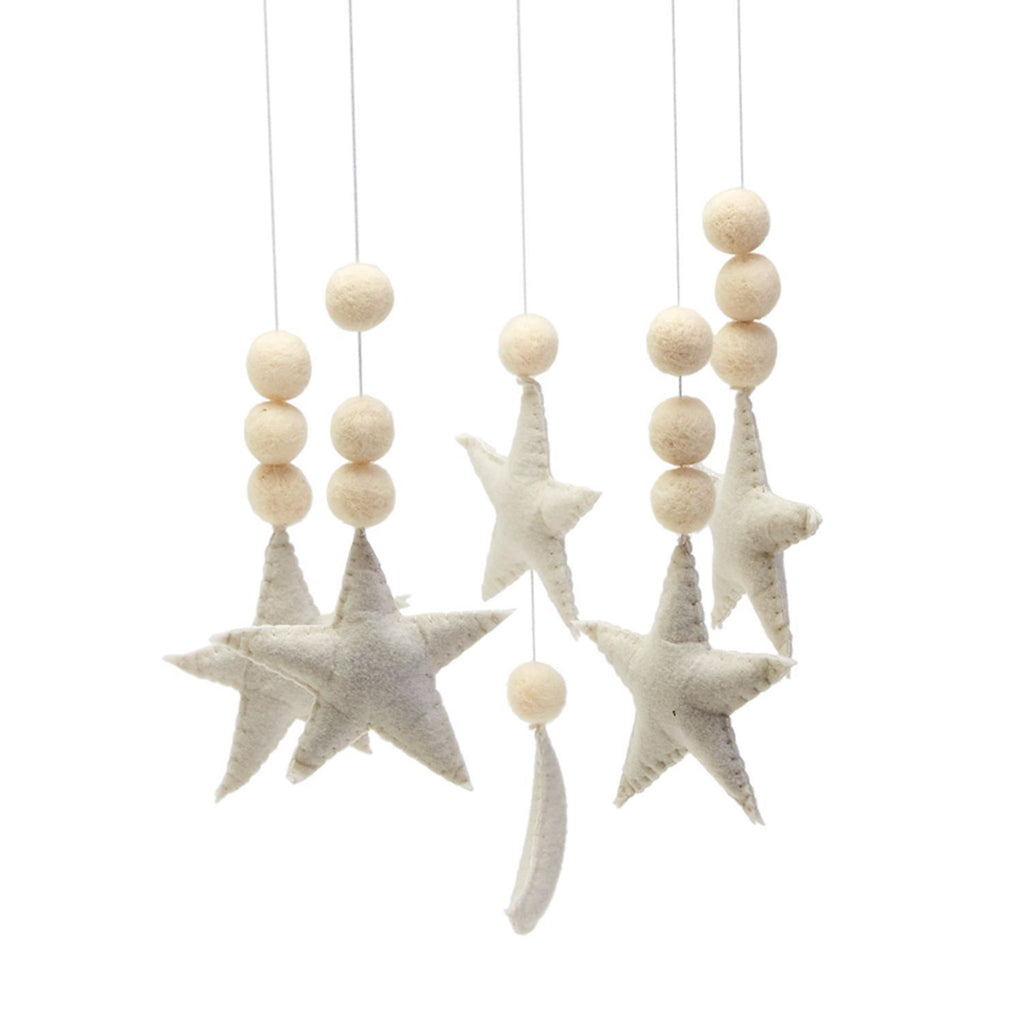 Two's Company Star is Born decorative mobile, close-up of wool felt stitched stars, moon and pompoms.