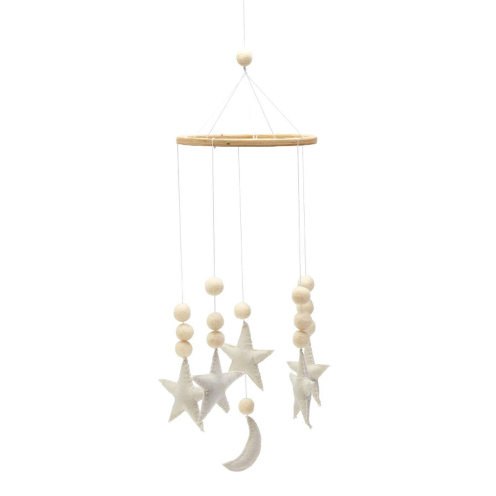 Two's Company Star is Born decorative mobile with wool felt stitched stars, moon and pompoms suspended from a bamboo hoop.