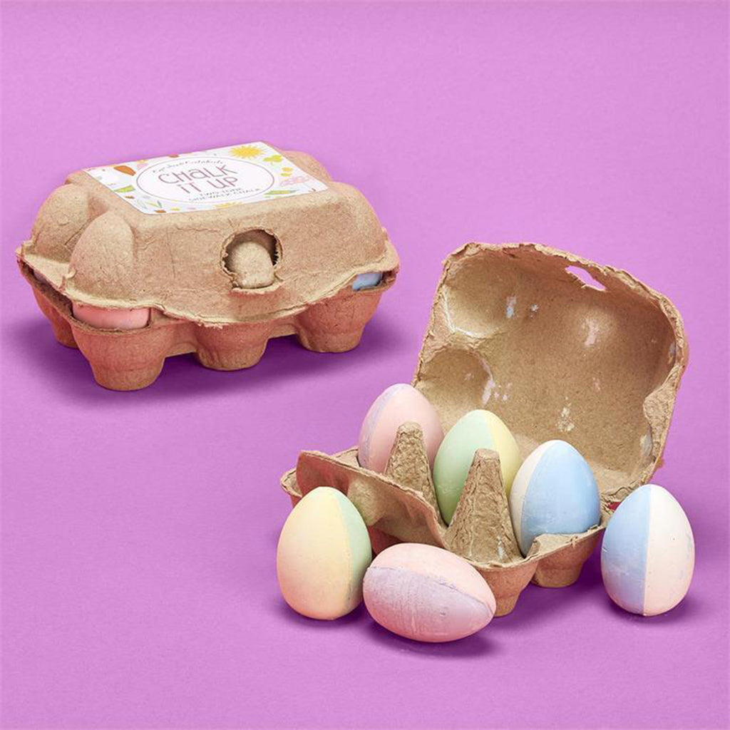 twos company chalk it up set of 6 two toned egg shaped chalk in pink and purple, yellow and green and blue and white