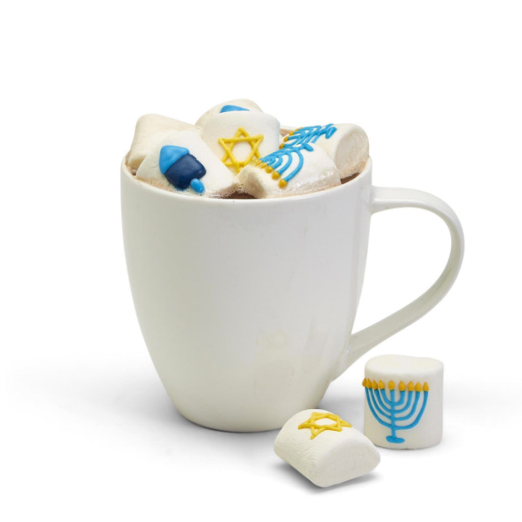 two's company hanukkah themed marshmallows in mug of hot chocolate