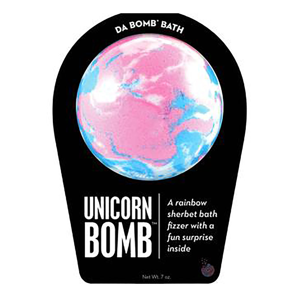 Da Bomb Unicorn Bomb, pink, blue and white swirled bath fizzer with rainbow sherbet scent and a surprise inside, in black clamshell packaging, front view.