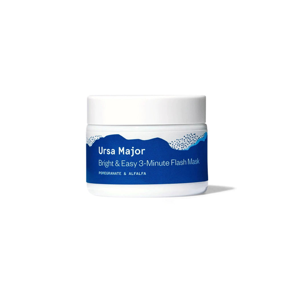 ursa major bright and easy 3 minute flash face treatment mask in white jar with graphic blue design