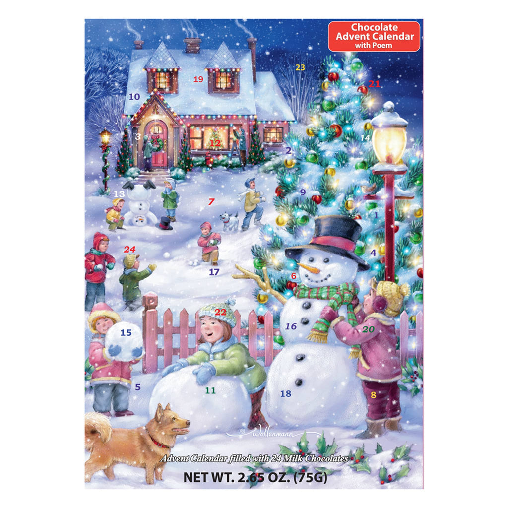 Snowman Celebration chocolate advent calendar box front with an illustration of a snowy front yard scene with a lit christmas tree, lightpole and kids building snowmen and having a snowball fight.