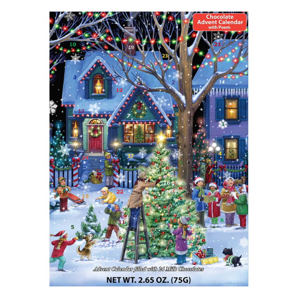 Christmas Cheer chocolate advent calendar box front with an illustration of a snowy front yard scene with people decorating a lit christmas tree and singing carols.