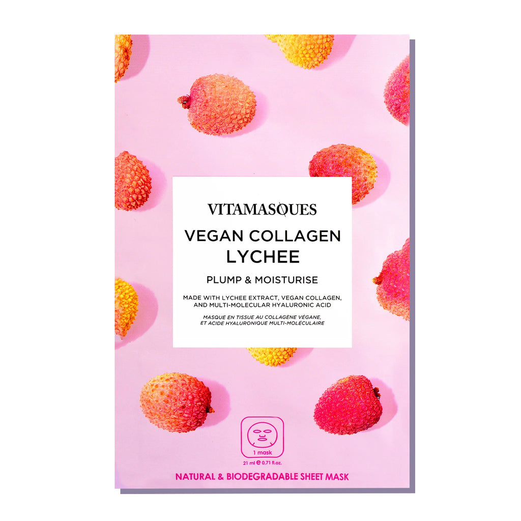 Front of pouch packaging for Vitamasques Vegan Collagen Lychee sheet mask with red, orange and yellow lychee illustrations on a pink background.