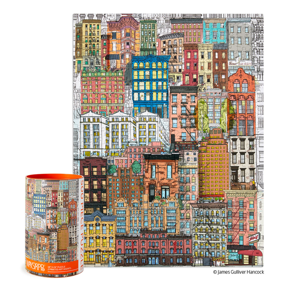 werkshoppe 500 piece city life artwork jigsaw puzzle of urban buildings completed with canister packaging