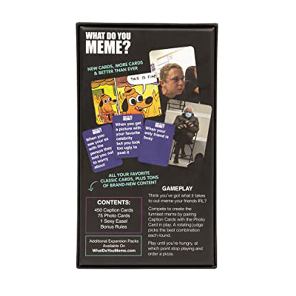 Back of What Do You Meme? Core Game Refresh packaging with contents, gameplay and sample cards shown.