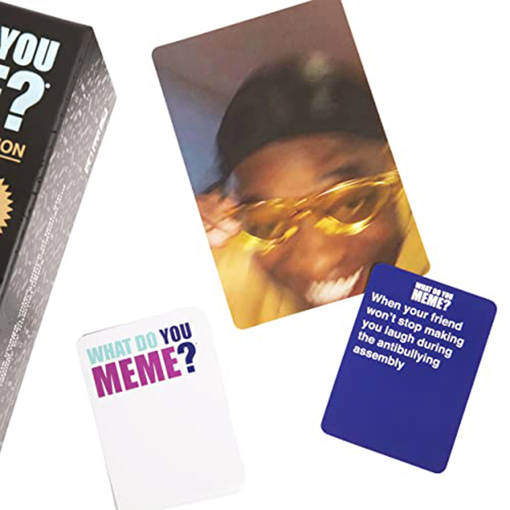 Card with a blurry picture of someone adjusting their eyeglasses and laughing along with a card that says "when your friend won't stop making you laugh during the anti-bullying assembly".