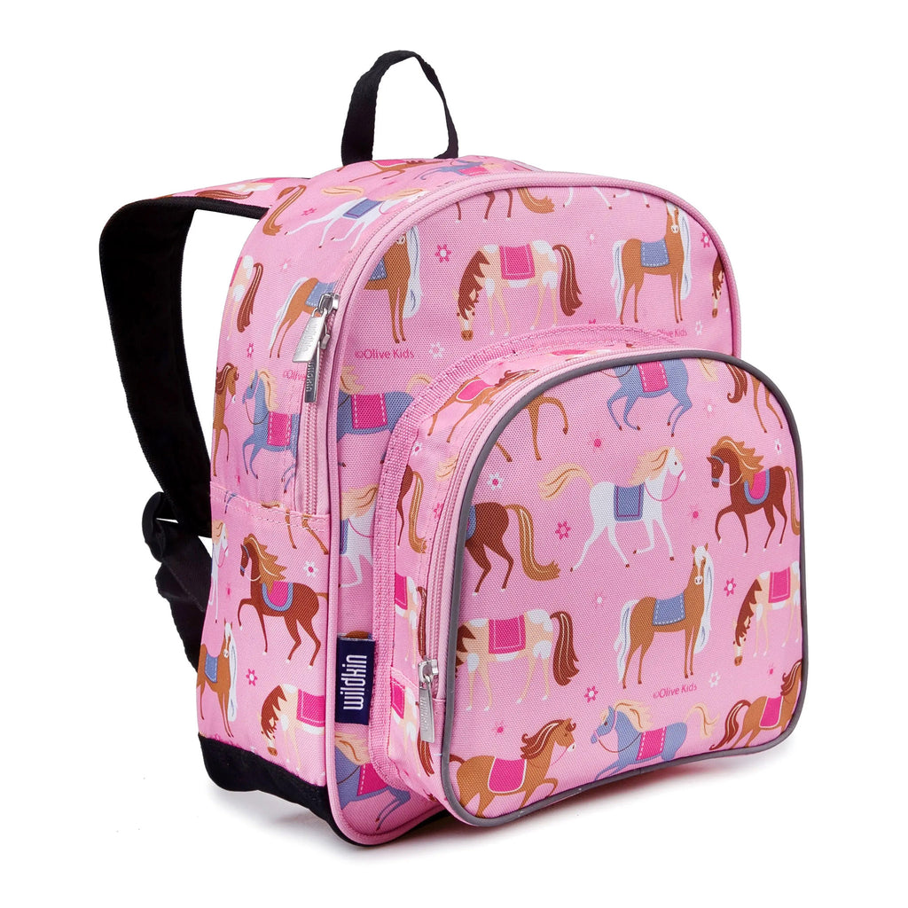 Pink backpack with horses in various shades of brown and white with reins and saddle blankets in pink and purple. Silver zipper pulls with pink zippers, black hanging loop and black padded, adjustable shoulder straps with horses fabric on the outside. This view shows front and left side.