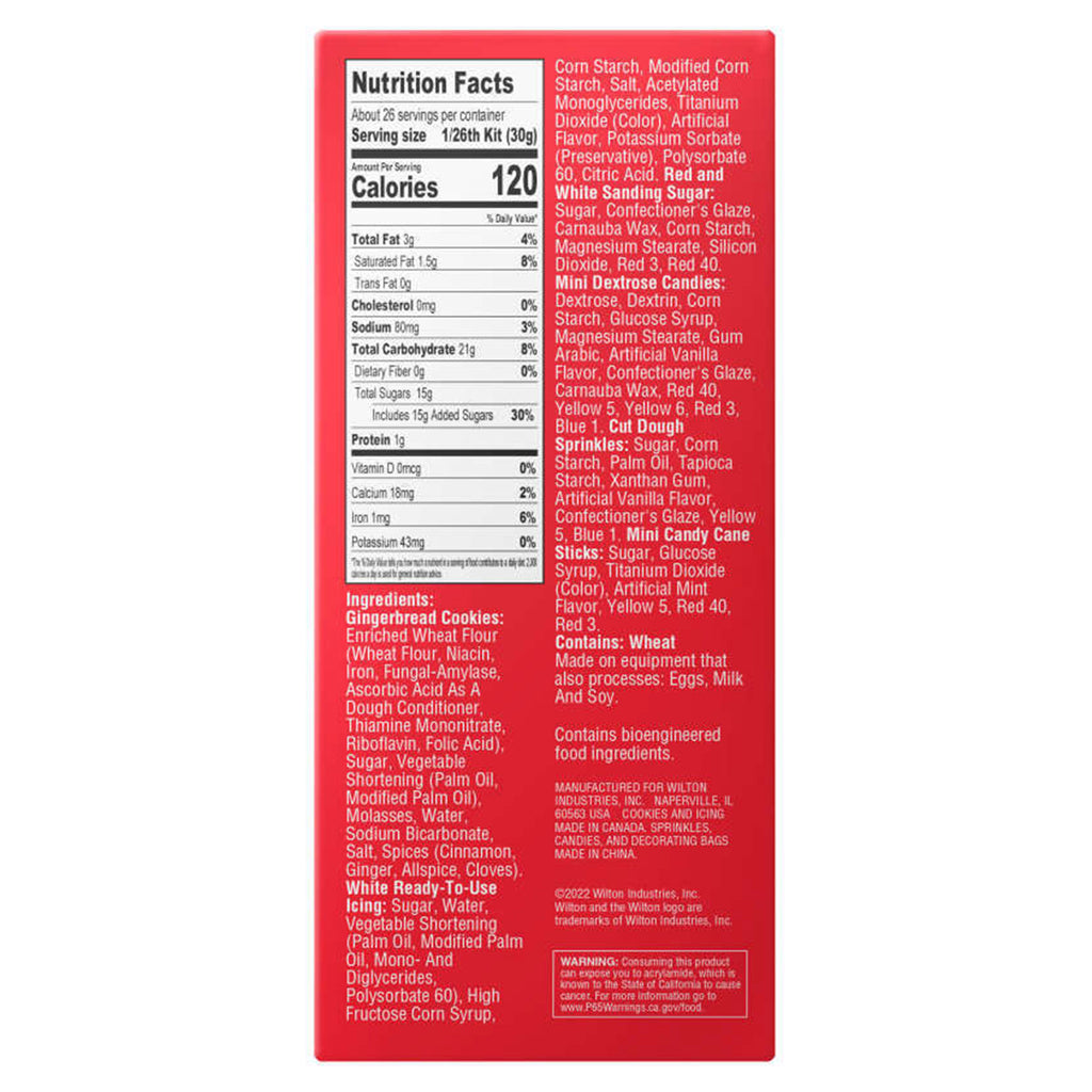 Wilton Ready-to-Build mini village gingerbread kit box side with ingredients and nutrition facts.
