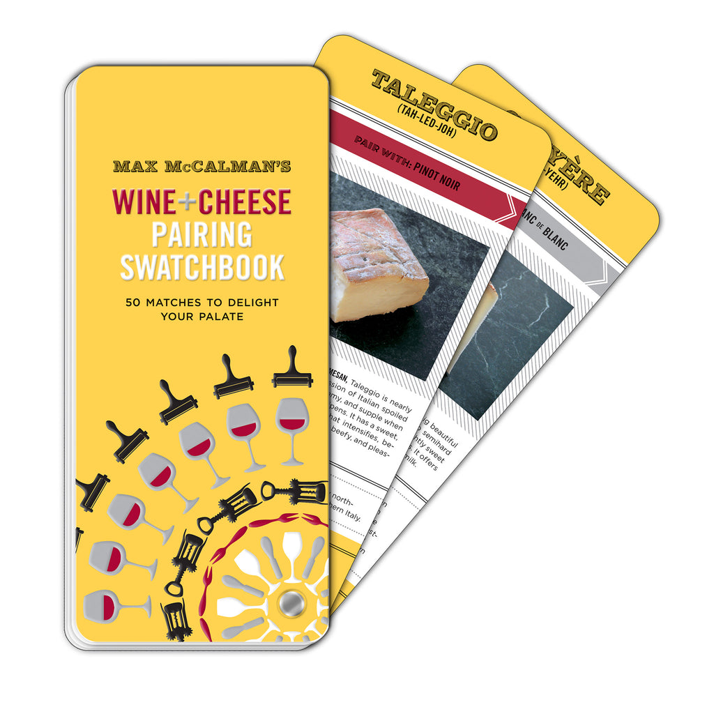 wine and cheese pairing swatchbook in yellow with red, grey, and black illustrations