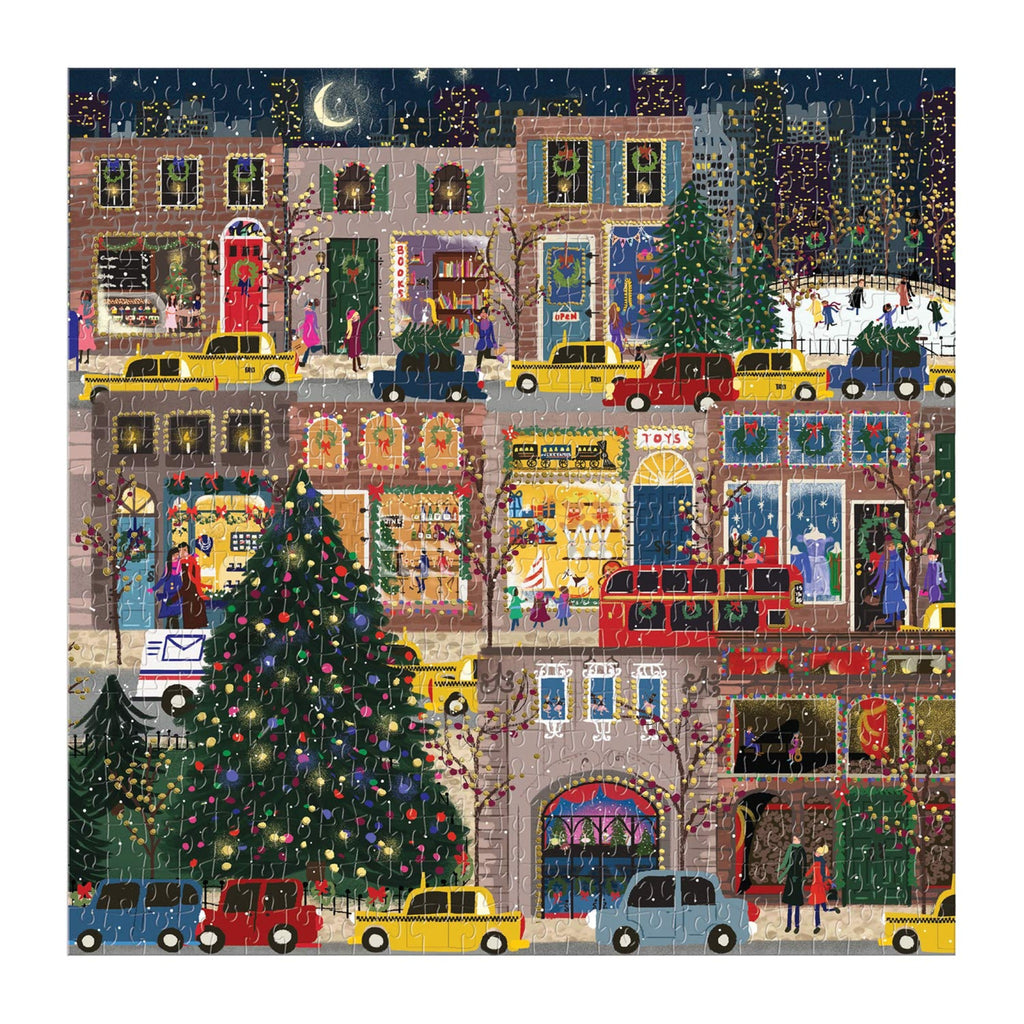 chronicle galison 500 piece winter lights foil jigsaw puzzle completed holiday christmas street scene