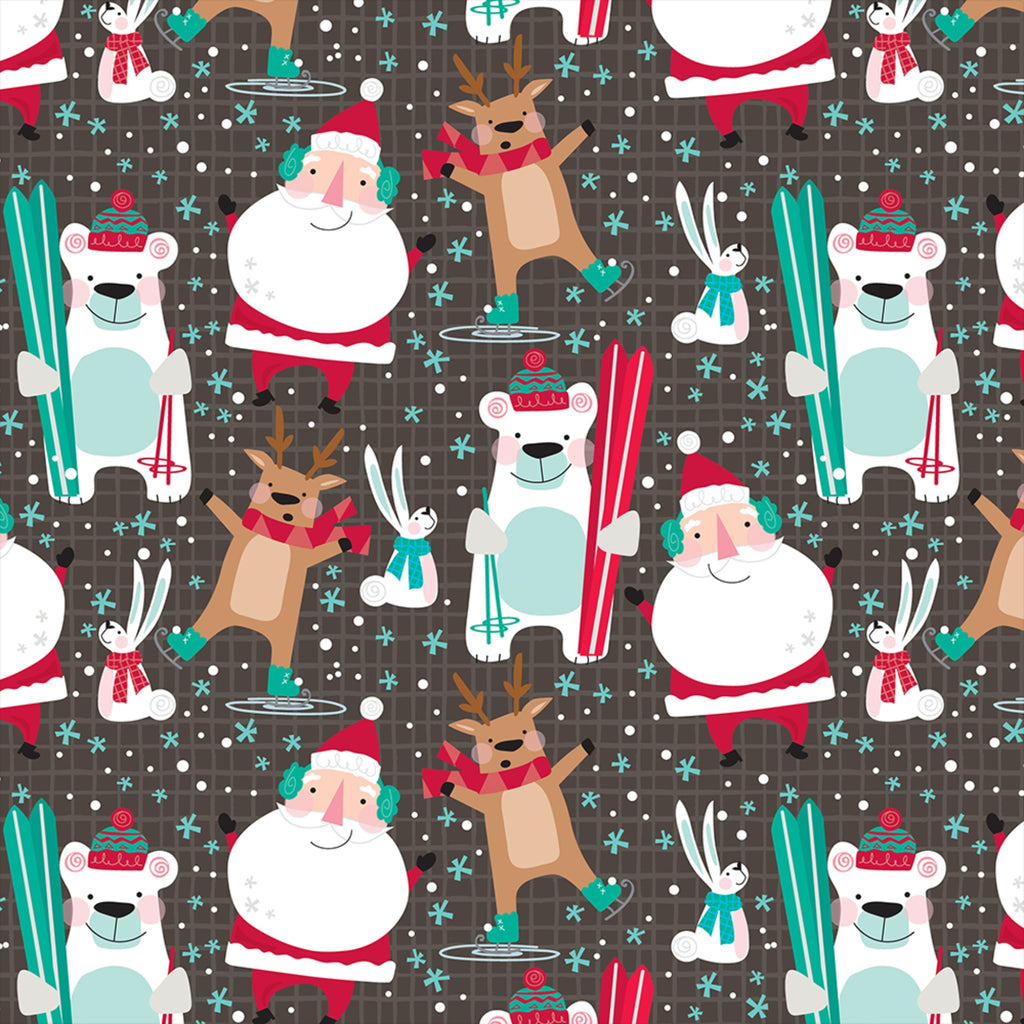 brown grid wrapping paper with santas, polar bear with skis, ice skating reindeer, and bunnies