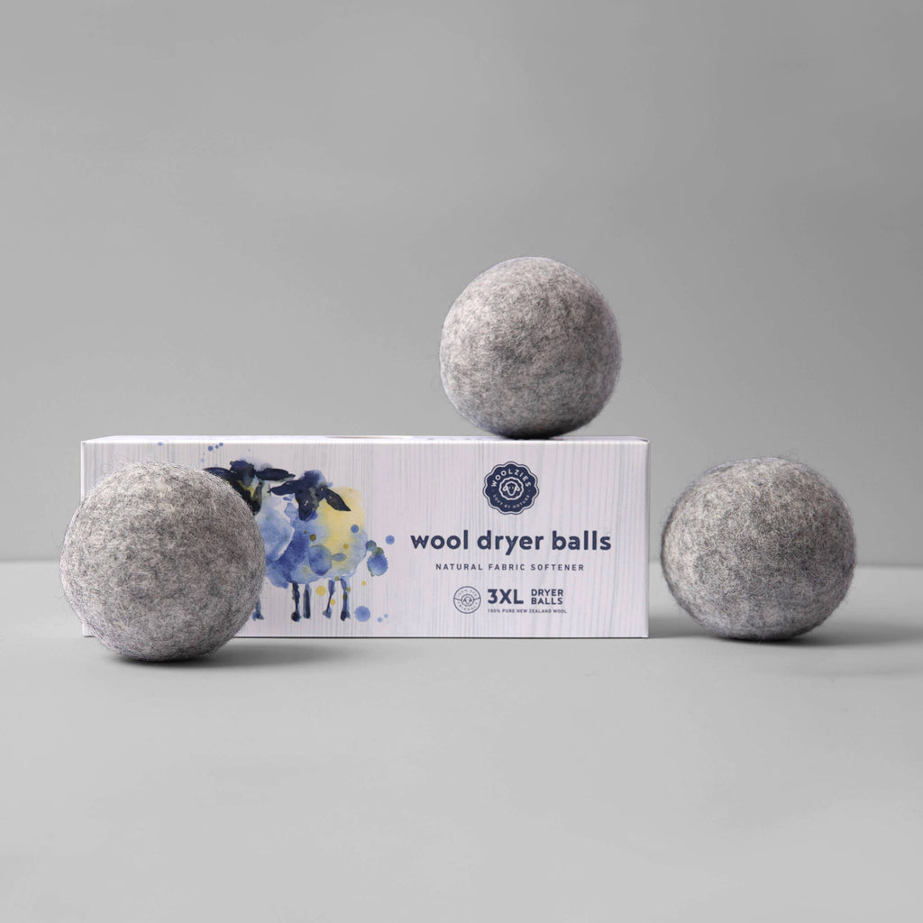 woolzies eco-friendly gray wool dryer balls set of three with packaging