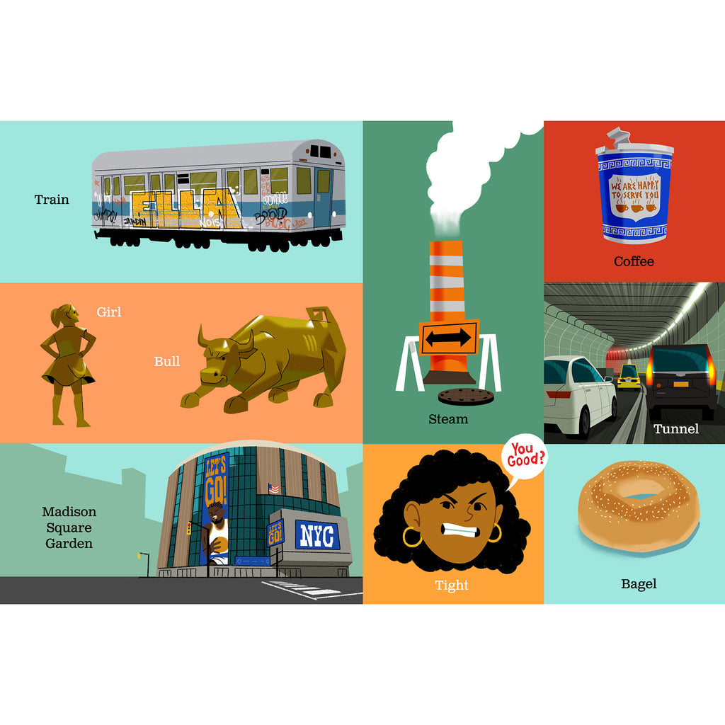 Workman 100 First Words for Little New Yorkers baby board book sample page with train, steam, coffee, girl, bull, tunnel, madison square garden, tight and bagel.