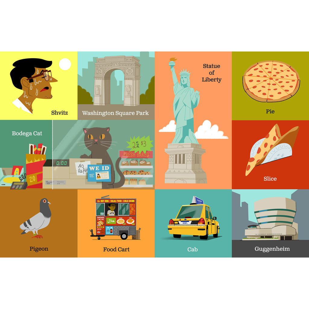Workman 100 First Words for Little New Yorkers baby board book sample page with shvitz, washington square park, statue of liberty, pie, bodega cat, slice, pigeon, food cart, cab and guggenheim.