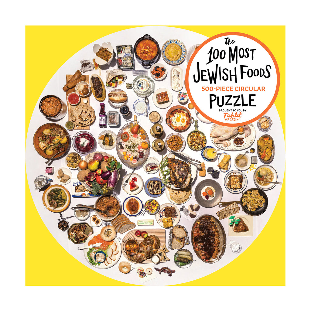 workman 500 piece the 100 most jewish foods circular jigsaw puzzle box front