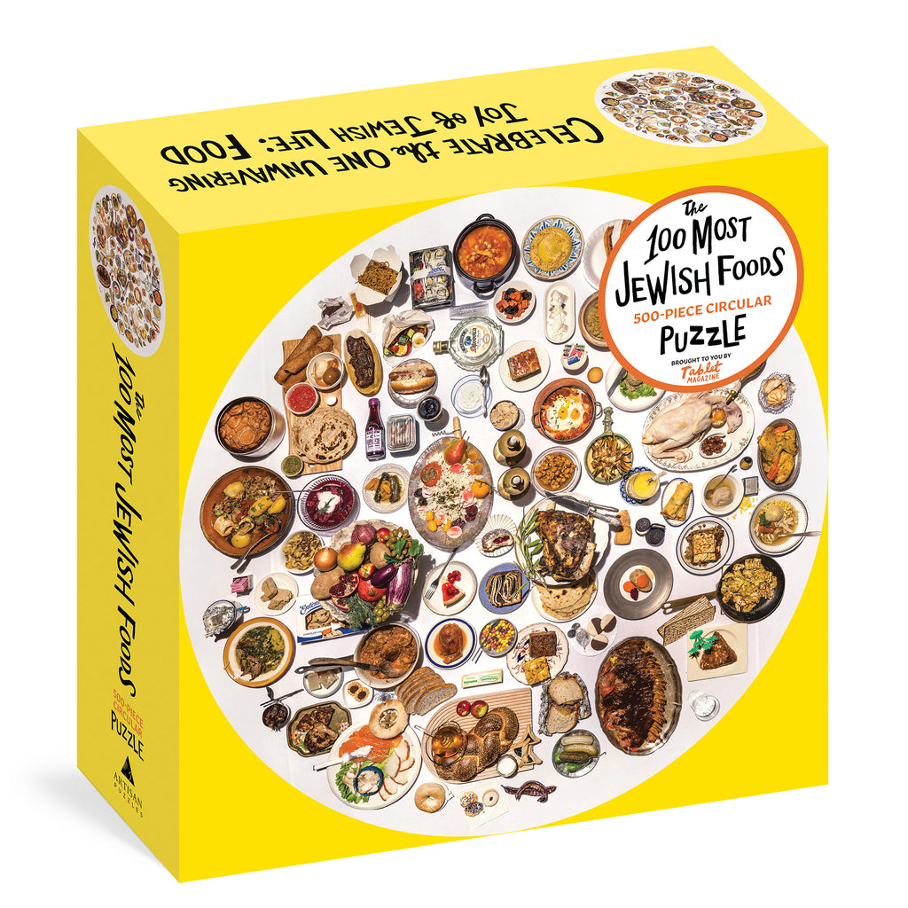 workman 500 piece the 100 most jewish foods circular jigsaw puzzle box front angle