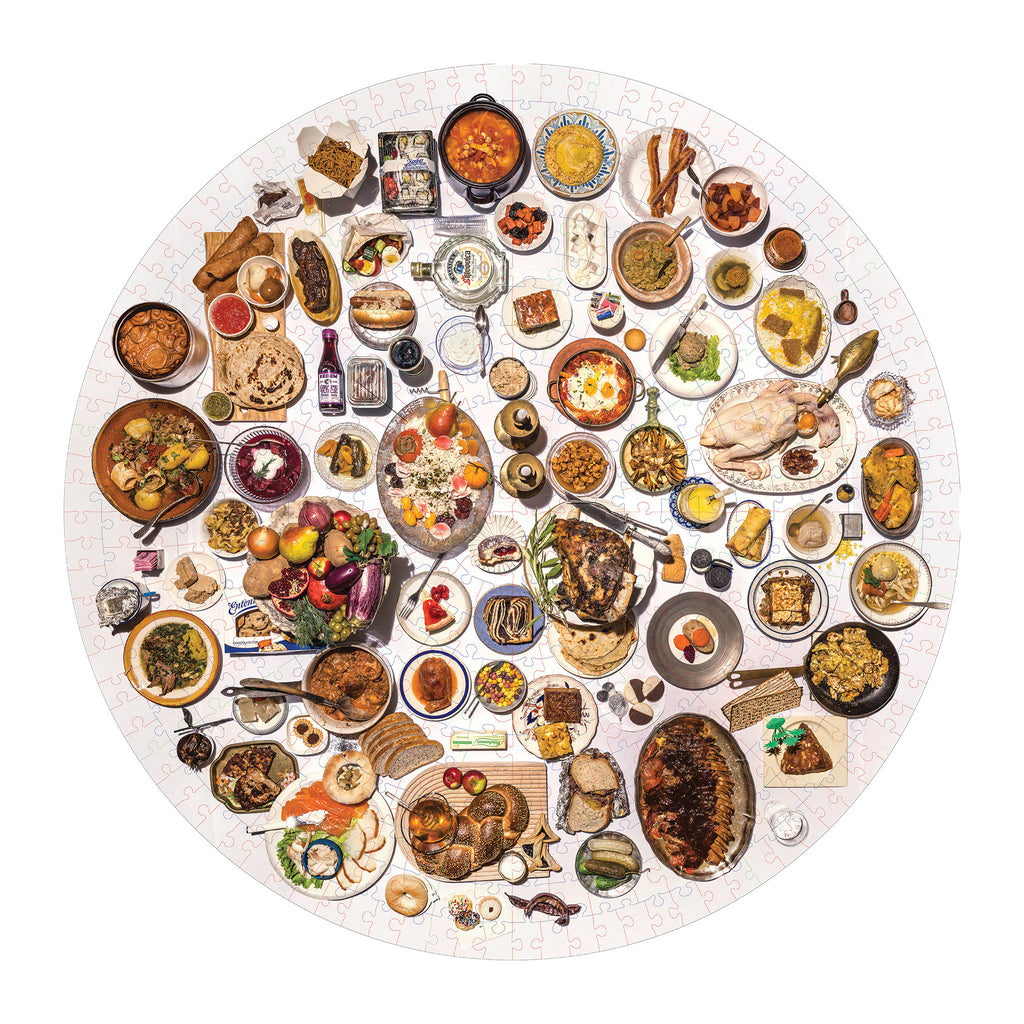 workman 500 piece the 100 most jewish foods circular jigsaw puzzle completed