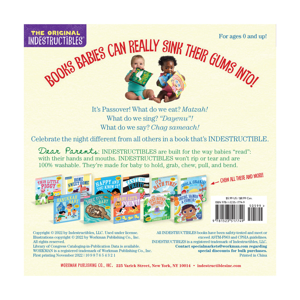 Back cover for The Original Indestructibles Baby's First Passover soft, chew proof, rip proof, non-toxic book.