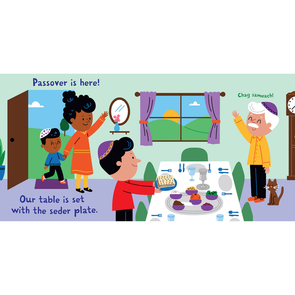 Sample page from The Original Indestructibles Baby's First Passover book, with guests arriving to table set with a seder plate.